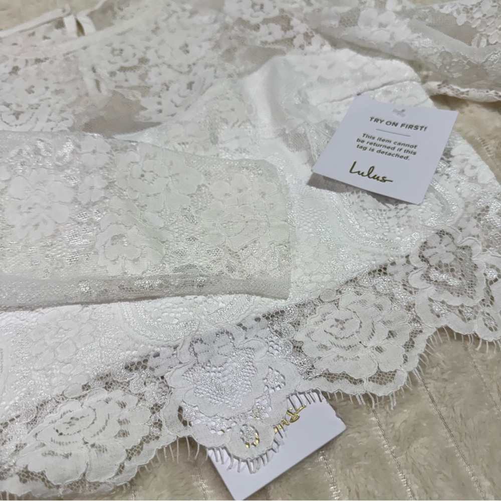 Lulus Women's Ivory Lace Long Puff Sleeve Cropped Blouse Size Medium - Picture 6 of 14
